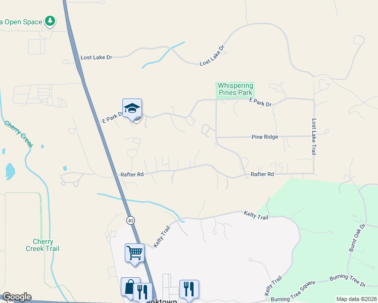 map of restaurants, bars, coffee shops, grocery stores, and more near 7330 East Park Drive in Franktown