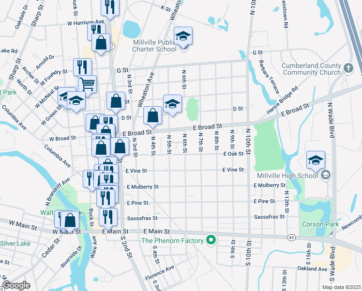 map of restaurants, bars, coffee shops, grocery stores, and more near 526 North 6th Street in Millville