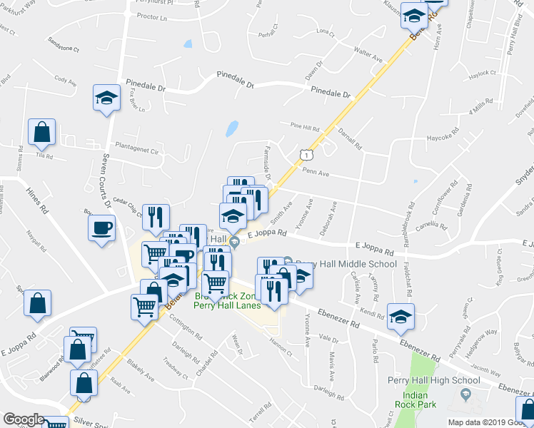 map of restaurants, bars, coffee shops, grocery stores, and more near 9125 Belair Road in Nottingham