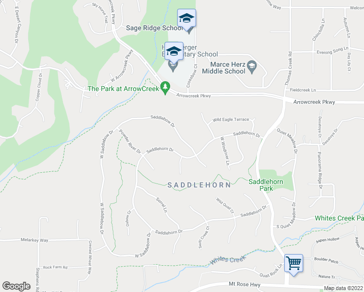 map of restaurants, bars, coffee shops, grocery stores, and more near 14185 Saddlebow Drive in Reno