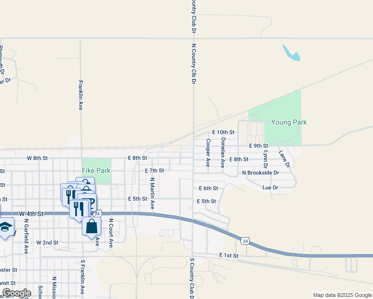 map of restaurants, bars, coffee shops, grocery stores, and more near 940 South Country Club Drive in Colby