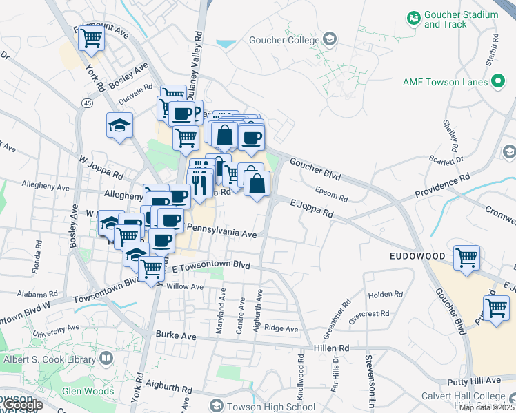 map of restaurants, bars, coffee shops, grocery stores, and more near 515 Fairmount Avenue in Towson