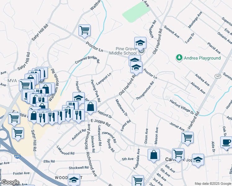 map of restaurants, bars, coffee shops, grocery stores, and more near 9030 Old Harford Road in Parkville