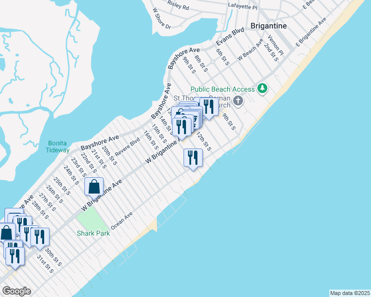 map of restaurants, bars, coffee shops, grocery stores, and more near 313 13th Street South in Brigantine
