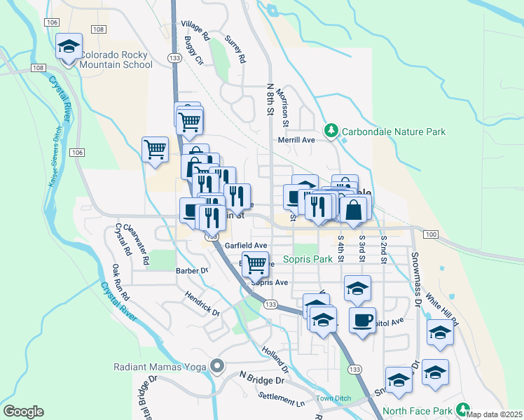 map of restaurants, bars, coffee shops, grocery stores, and more near 119 North 8th Street in Carbondale