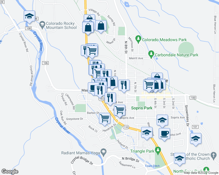 map of restaurants, bars, coffee shops, grocery stores, and more near 181 12th Street in Carbondale