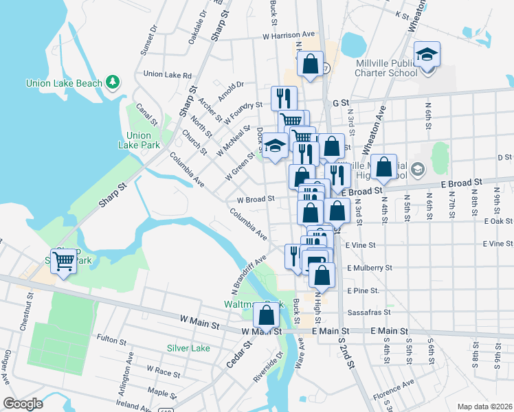 map of restaurants, bars, coffee shops, grocery stores, and more near 106 West Broad Street in Millville