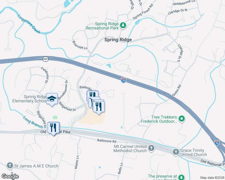 map of restaurants, bars, coffee shops, grocery stores, and more near 9275 Ridgefield Circle in Frederick