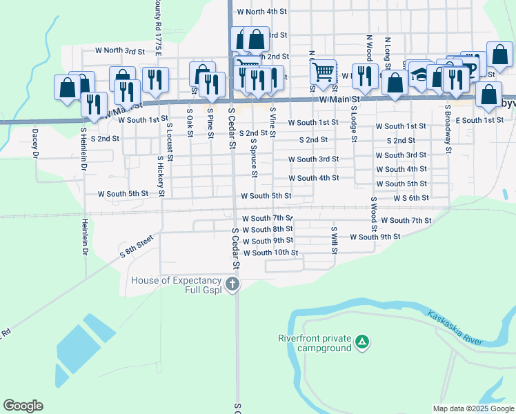 map of restaurants, bars, coffee shops, grocery stores, and more near 1101-1199 West South 5th Street in Shelbyville