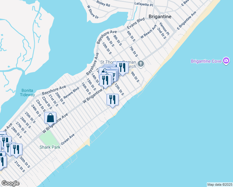 map of restaurants, bars, coffee shops, grocery stores, and more near 313 13th Street South in Brigantine