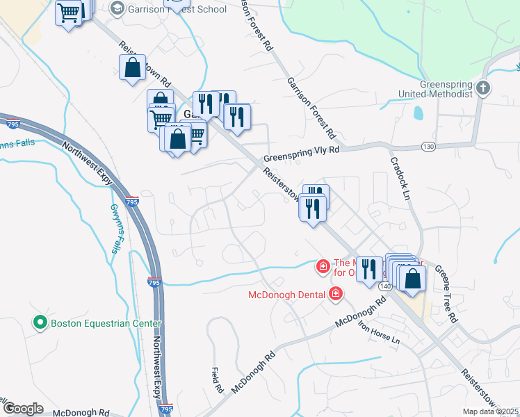 map of restaurants, bars, coffee shops, grocery stores, and more near 8001 Township Drive in Owings Mills