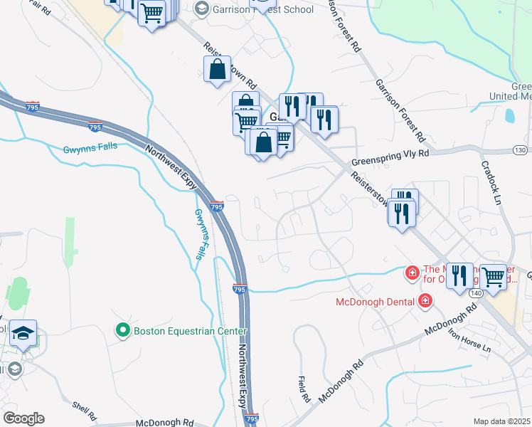 map of restaurants, bars, coffee shops, grocery stores, and more near 68 Hamlet Drive in Owings Mills