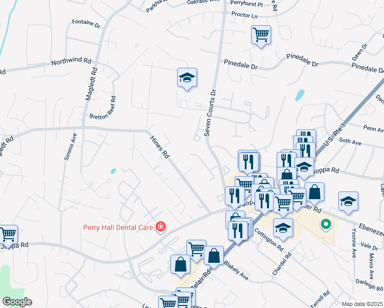 map of restaurants, bars, coffee shops, grocery stores, and more near 105 Bourbon Court in Parkville
