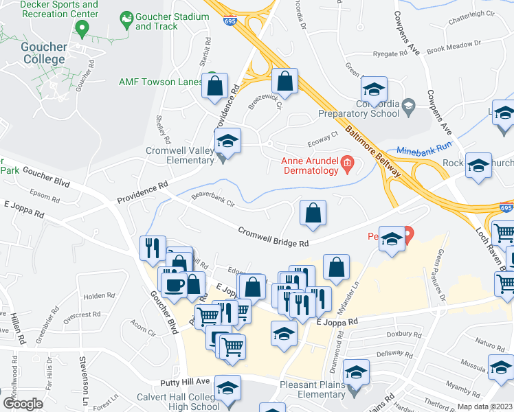 map of restaurants, bars, coffee shops, grocery stores, and more near 930 Beaverbank Circle in Towson
