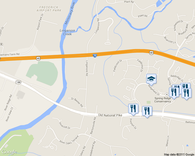map of restaurants, bars, coffee shops, grocery stores, and more near 6117 Long Branch Road in Frederick