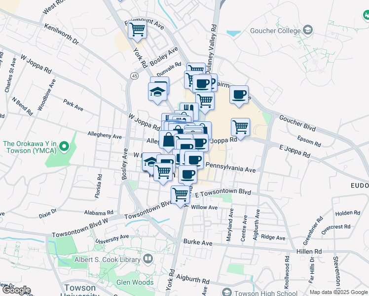 map of restaurants, bars, coffee shops, grocery stores, and more near 15 Allegheny Avenue in Towson