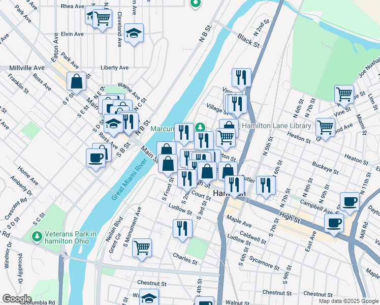 map of restaurants, bars, coffee shops, grocery stores, and more near 146 Riverfront Plaza in Hamilton