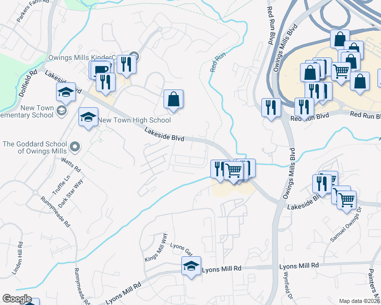 map of restaurants, bars, coffee shops, grocery stores, and more near 4300 Flint Hill Drive in Owings Mills