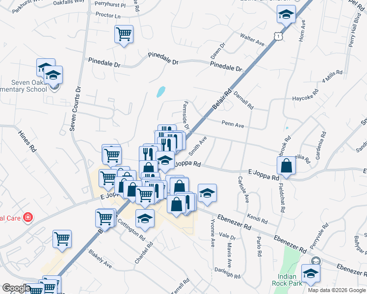 map of restaurants, bars, coffee shops, grocery stores, and more near 9125 Belair Road in Nottingham
