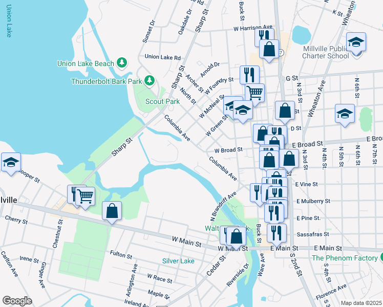 map of restaurants, bars, coffee shops, grocery stores, and more near 803 Columbia Avenue in Millville