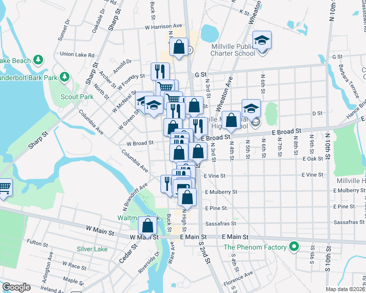 map of restaurants, bars, coffee shops, grocery stores, and more near in Millville