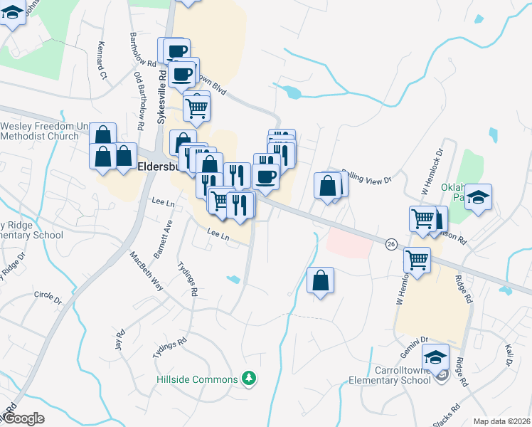 map of restaurants, bars, coffee shops, grocery stores, and more near 1441 Liberty Road in Eldersburg