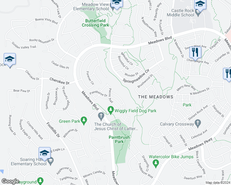 map of restaurants, bars, coffee shops, grocery stores, and more near 3842 Tranquility Trail in Castle Rock
