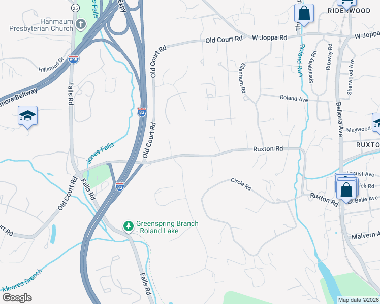 map of restaurants, bars, coffee shops, grocery stores, and more near 1928 Ruxton Road in Towson
