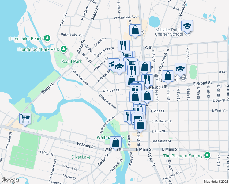map of restaurants, bars, coffee shops, grocery stores, and more near 106 West Broad Street in Millville