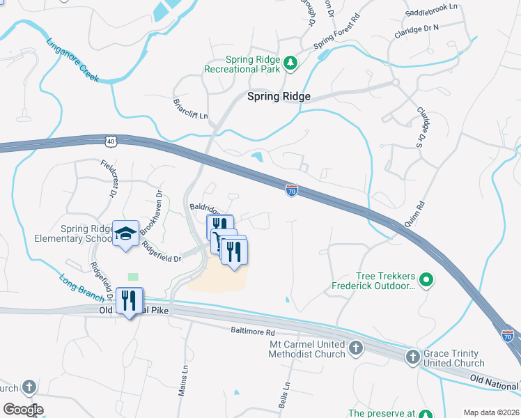 map of restaurants, bars, coffee shops, grocery stores, and more near 9275 Ridgefield Circle in Frederick