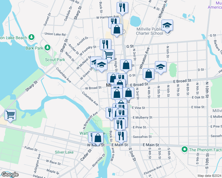 map of restaurants, bars, coffee shops, grocery stores, and more near 13-15 East Broad Street in Millville