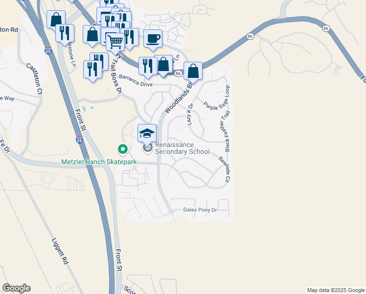 map of restaurants, bars, coffee shops, grocery stores, and more near 3902 Maverick Court in Castle Rock