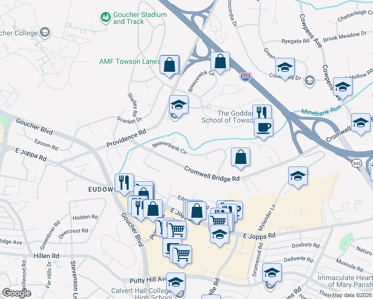 map of restaurants, bars, coffee shops, grocery stores, and more near 922 Beaverbank Circle in Towson
