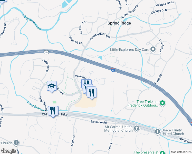 map of restaurants, bars, coffee shops, grocery stores, and more near 9114 Ridgefield Lane in Frederick