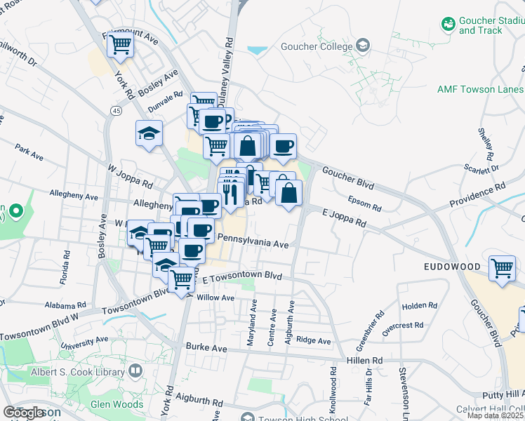 map of restaurants, bars, coffee shops, grocery stores, and more near 203E East Joppa Road in Towson