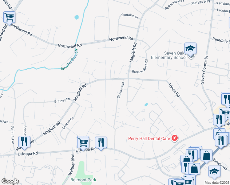 map of restaurants, bars, coffee shops, grocery stores, and more near 9138 Simms Avenue in Parkville