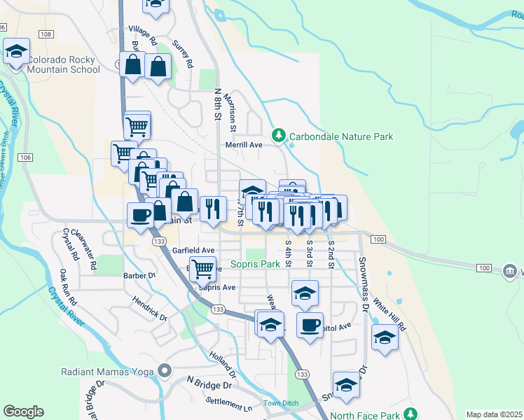 map of restaurants, bars, coffee shops, grocery stores, and more near 600 Colorado Avenue in Carbondale