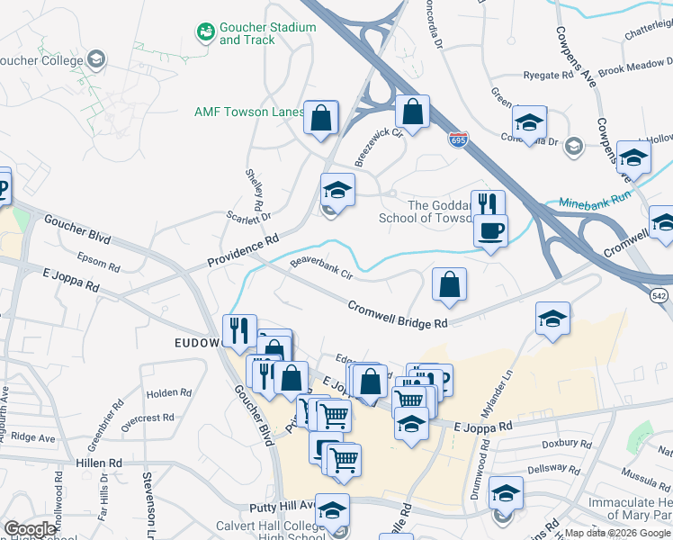 map of restaurants, bars, coffee shops, grocery stores, and more near 916 Beaverbank Cir in Towson