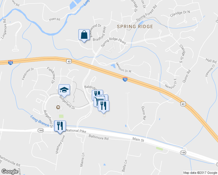 map of restaurants, bars, coffee shops, grocery stores, and more near 9116 Ridgefield Lane in Frederick