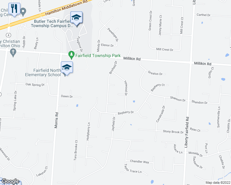 map of restaurants, bars, coffee shops, grocery stores, and more near 3866 Ivywood Court in Hamilton