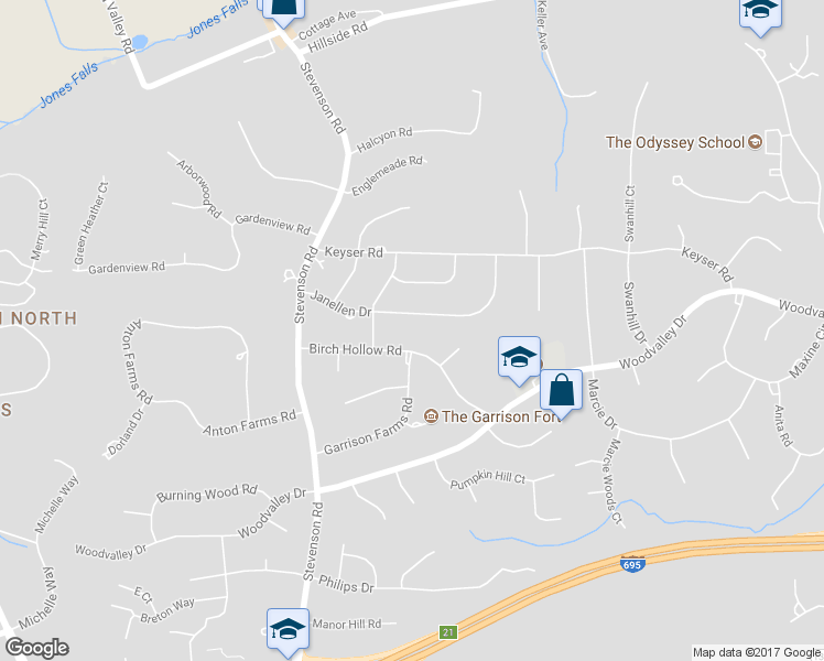 map of restaurants, bars, coffee shops, grocery stores, and more near 3417 Janellen Drive in Pikesville
