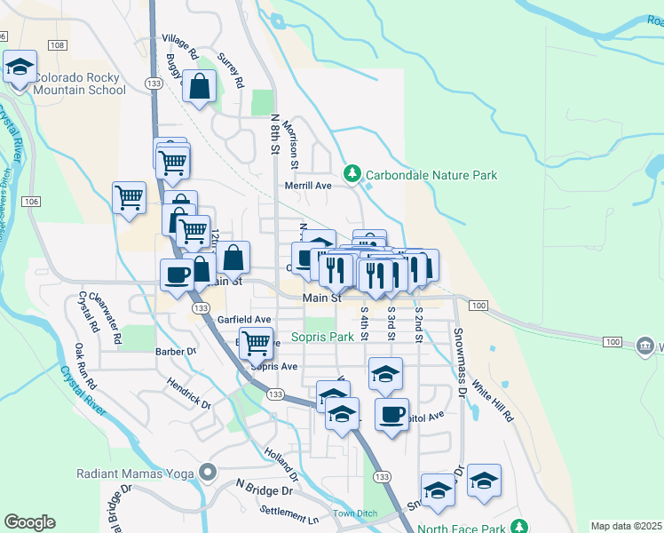 map of restaurants, bars, coffee shops, grocery stores, and more near 600 Colorado Avenue in Carbondale