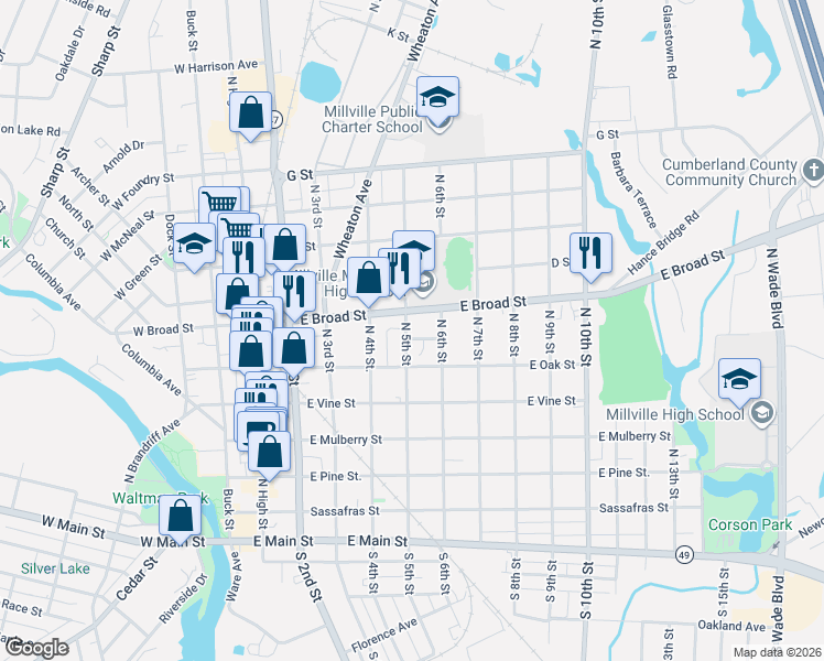 map of restaurants, bars, coffee shops, grocery stores, and more near in Millville