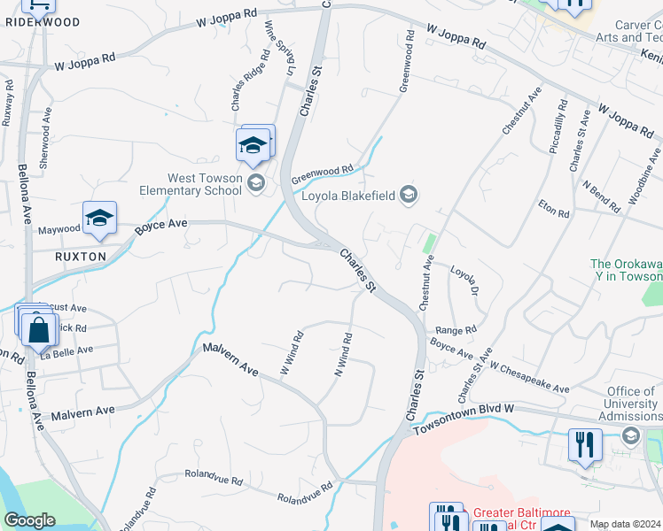 map of restaurants, bars, coffee shops, grocery stores, and more near 1013 Boyce Avenue in Towson