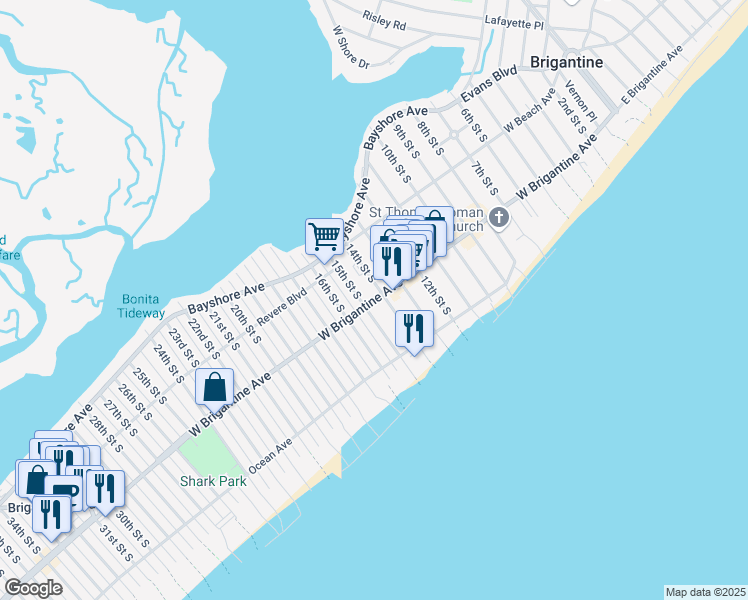 map of restaurants, bars, coffee shops, grocery stores, and more near in Brigantine