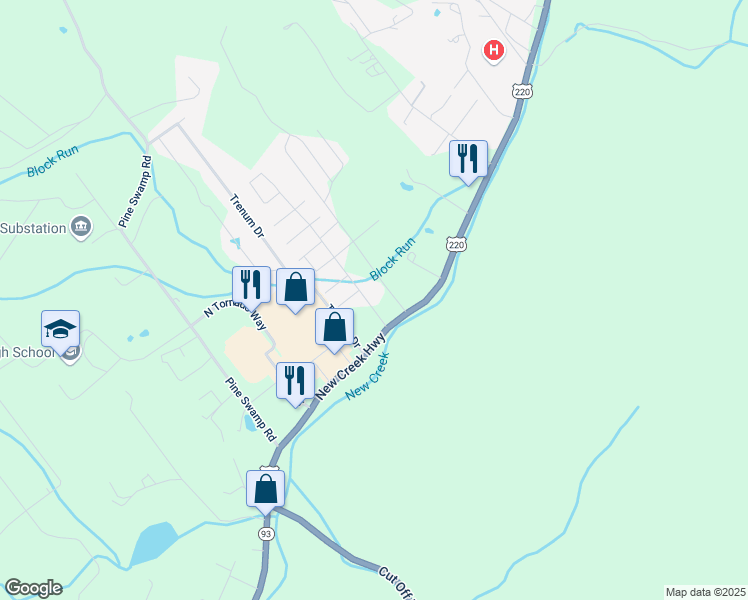 map of restaurants, bars, coffee shops, grocery stores, and more near 2084 New Creek Highway in Keyser