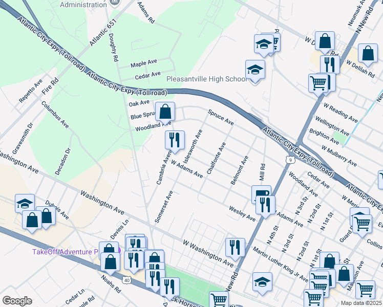 map of restaurants, bars, coffee shops, grocery stores, and more near 208 Cambria Avenue in Pleasantville