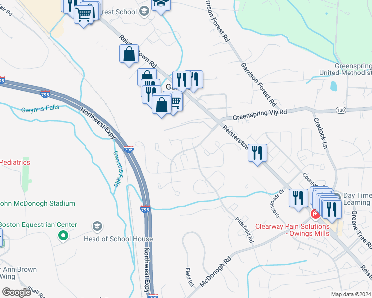 map of restaurants, bars, coffee shops, grocery stores, and more near 8101 Greenspring Valley Road in Owings Mills