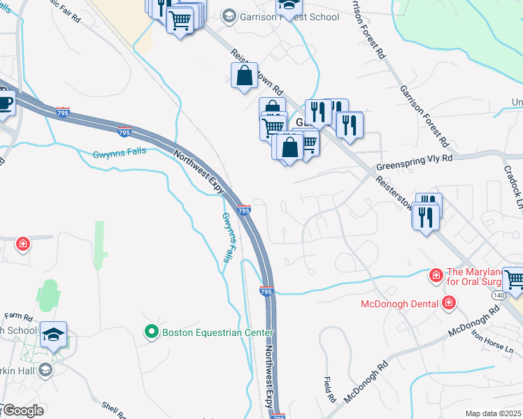 map of restaurants, bars, coffee shops, grocery stores, and more near 8334 Township Drive in Owings Mills