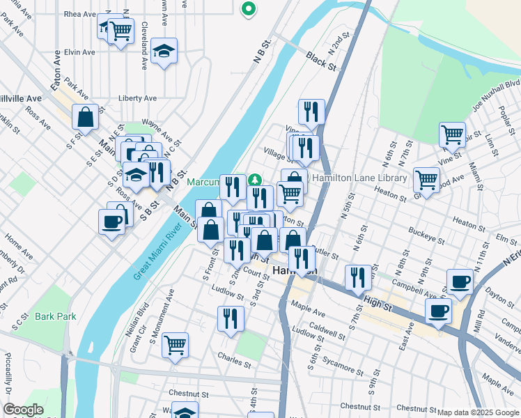 map of restaurants, bars, coffee shops, grocery stores, and more near 200 N 2nd St in Hamilton